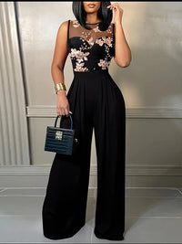 Women's Black Jumpsuit with Sheer Floral Embroidered Top Wide Leg Design Ideal for Evening Galas Cocktail Parties Formal Events