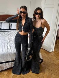 Zipper Suits Casual CNYISHE Women Sets Long Sleeve Turn-down Collar Streetwear Sexy Club Slim Fashion Female 2-pieces(Tops+Pants