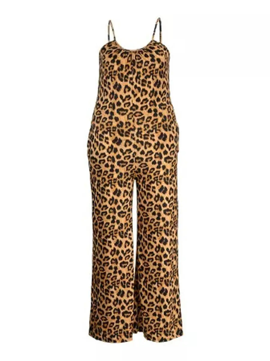 LW SXY Plus Size Leopard Print Pocket Design Jumpsuit Patchwork Sleeveless Spaghetti Strap Women Elastic Skinny Summer Outfit