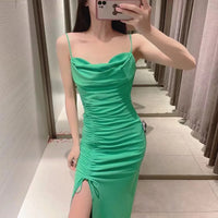 Woman Sexy Slip Dress Drawstring 2022 New Elegant Sleeveless Back Zipper Party Dress Female Fashion