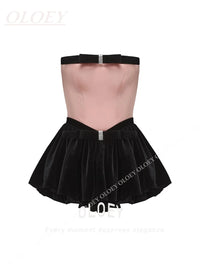 OLOEY Modern Strapless Short Prom Cocktail Dress Contrast Color Velvet Satin Mini Wedding Party Gown Customized Black Pink Gown