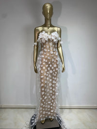 STOCK Women Sexy Strapless White Flower Crystal Long Dress 2024 Elegant Evening Club Party Dresses Stage Performance Clothing
