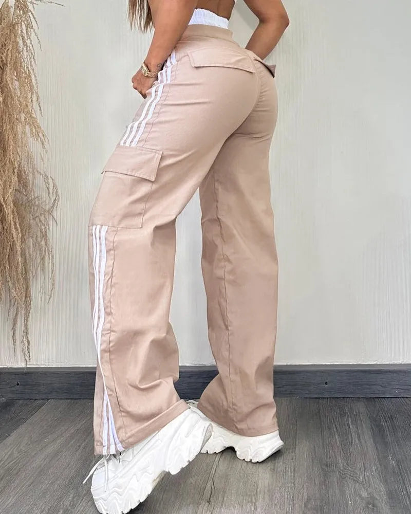 High Waist Stretchy Cargo Pants with Striped Tape Patch Shirred Design And Pockets for Women