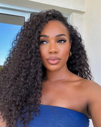 Deep Curly Half Wig Human Hair 200% Density 3 In 1 Half Wigs for Women Drawstring Seamless Flip Headband Wig Beginner Friendly