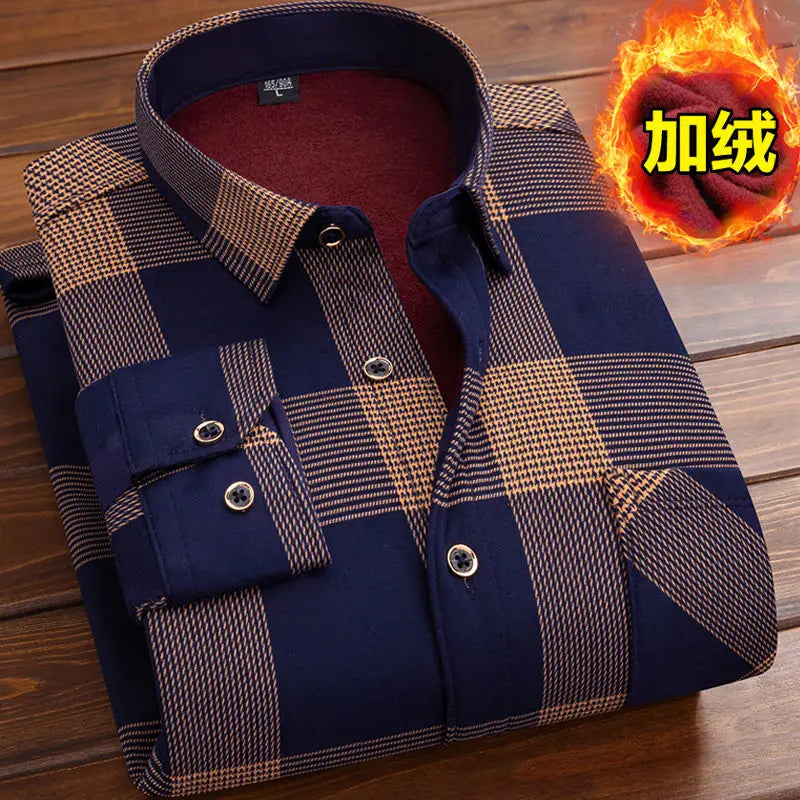 Autumn and Winter Men's Long-sleeved Fleece Shirt Thermal Shirt Plaid Jacket Clothes Men's Clothing Streetwear Men Shirts