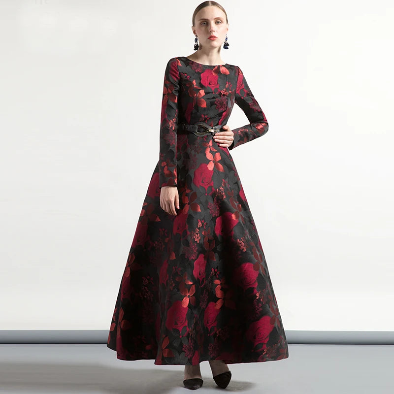 High Quality Elegant Women Long Sleeve Long Maxi Dress Fall Floral Lady Jacquard Autum Winter Dress Vintage Fashion