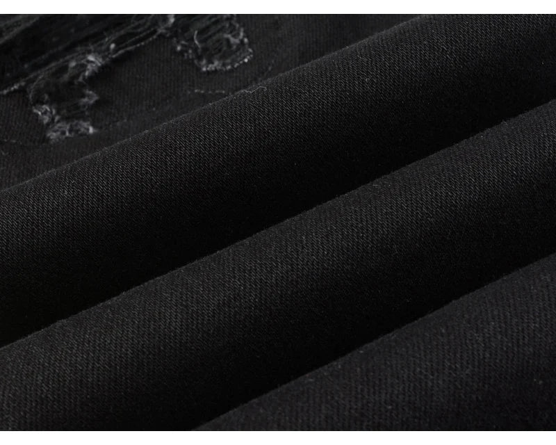 Fashionable new men's jeans, washed, nostalgic, elastic, slim fit, perforated, patchwork patch, black jeans, high street designe