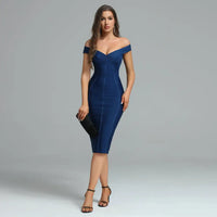 HQBORY 2024 Women sexy Mid-length bandage dress summer Ladies Blue Elastic Off-shoulder Sleeveless Dresses Bodycon