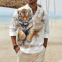 Men's 3D Button Shirt T-shirt Summer New Fashion Personalized Graffiti Standing Collar Casual Long sleeved Shirt Extra Large
