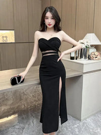 Women's White Elegant Birthday Evening Party Strapless Long Dress Summer Black Sexy Club Backless High Split Gowns Dress Fashion