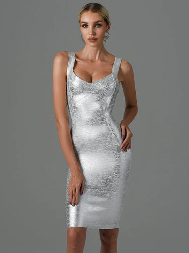 Classic Bronzing Bandage Dress Sexy Sleeveless Square Collar Bodycon Mini Elastic High Street Evening Club Party Dresses