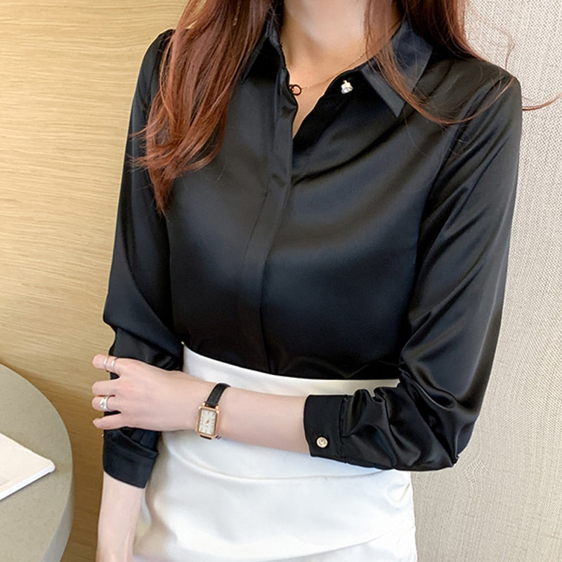 Silk Shirts Women Long Sleeve Shirts Blouses for Women Satin Clothing Office Lady Solid Silk Shirt Blouse Tops  17276