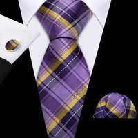 Barry.Wang Plaid Silk Men Tie Hanky Cufflinks Set Checked Jacquard Necktie for Male Formal Casual Wedding Business Party Events