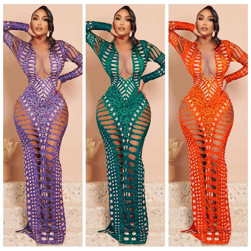 2023 New Hollow Out Beach Long Dress Sexy women See Through Bikini Swimwear Bathing suit Cover-ups Beach Wear Female