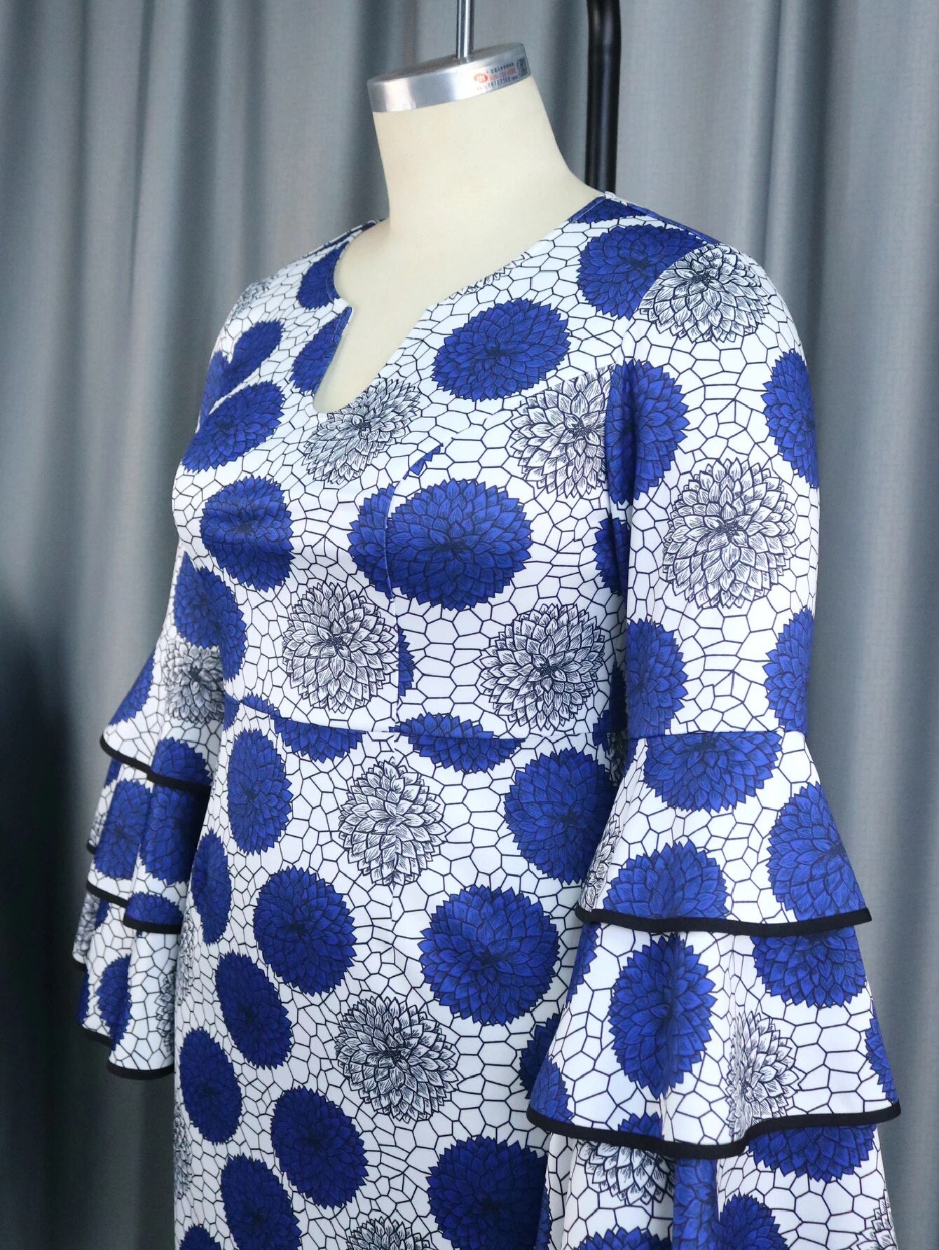 Blue Bodycon Dress V Neck Long Flare Sleeve Dot Printed Women Evening Birthday Party Outfits Large Size 4XL Gowns for Ladies