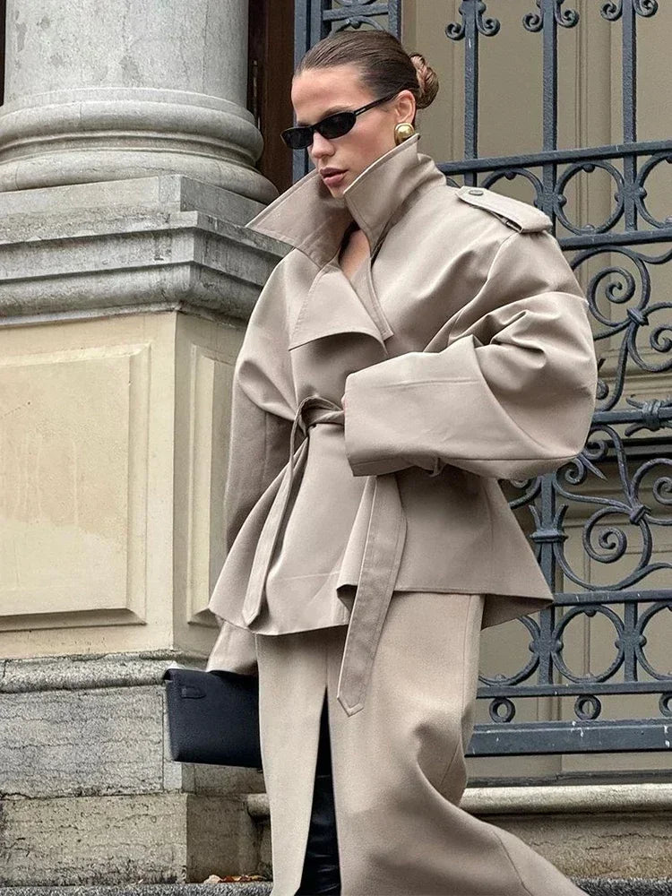Women V-neck Lapel Belt Trench Coat Fashion Lace Up Full Sleeve Button Short Thin Windbreak 2025 New Lady Daily Street Outerwear