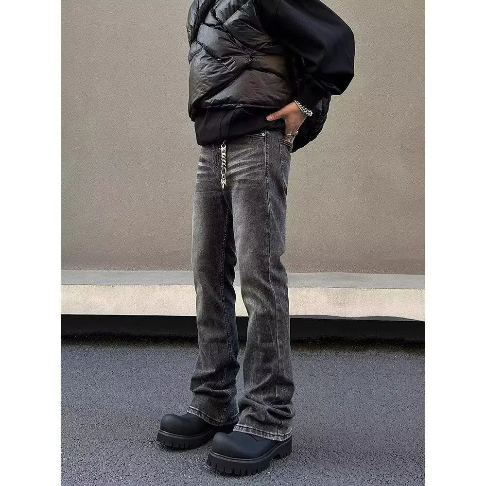 American high street washed black jeans for men stylish and straight cut slim fit elastic micro flared pants