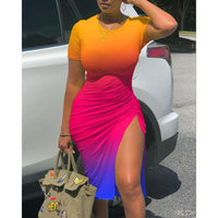 Casual Summer Women Tie Dye Ombre Print Round Neck High Slit Ruched Bodycon Dress Short Sleeve Short Female O-Neck Short Dress