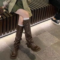 High Boots Fashion New Round Toe Platform Metal Belt Buckle Anti-slip Wear-resistant Block Heel Single Boots