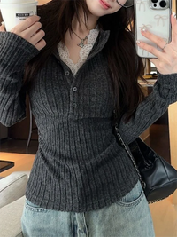 Women's Top Lace Patchwork Long Sleeve T-Shirt Base Shirt Fashion Vintage Fake Two-piece V-neck T-shirt Aesthetic Clothes
