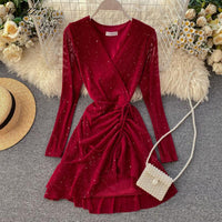 FTLZZ New Women&#39;s Dresses Spring Long Sleeve V-neck Elegant Dresses Casual Asymmetrical Ruffle Mini Dress Party Dress