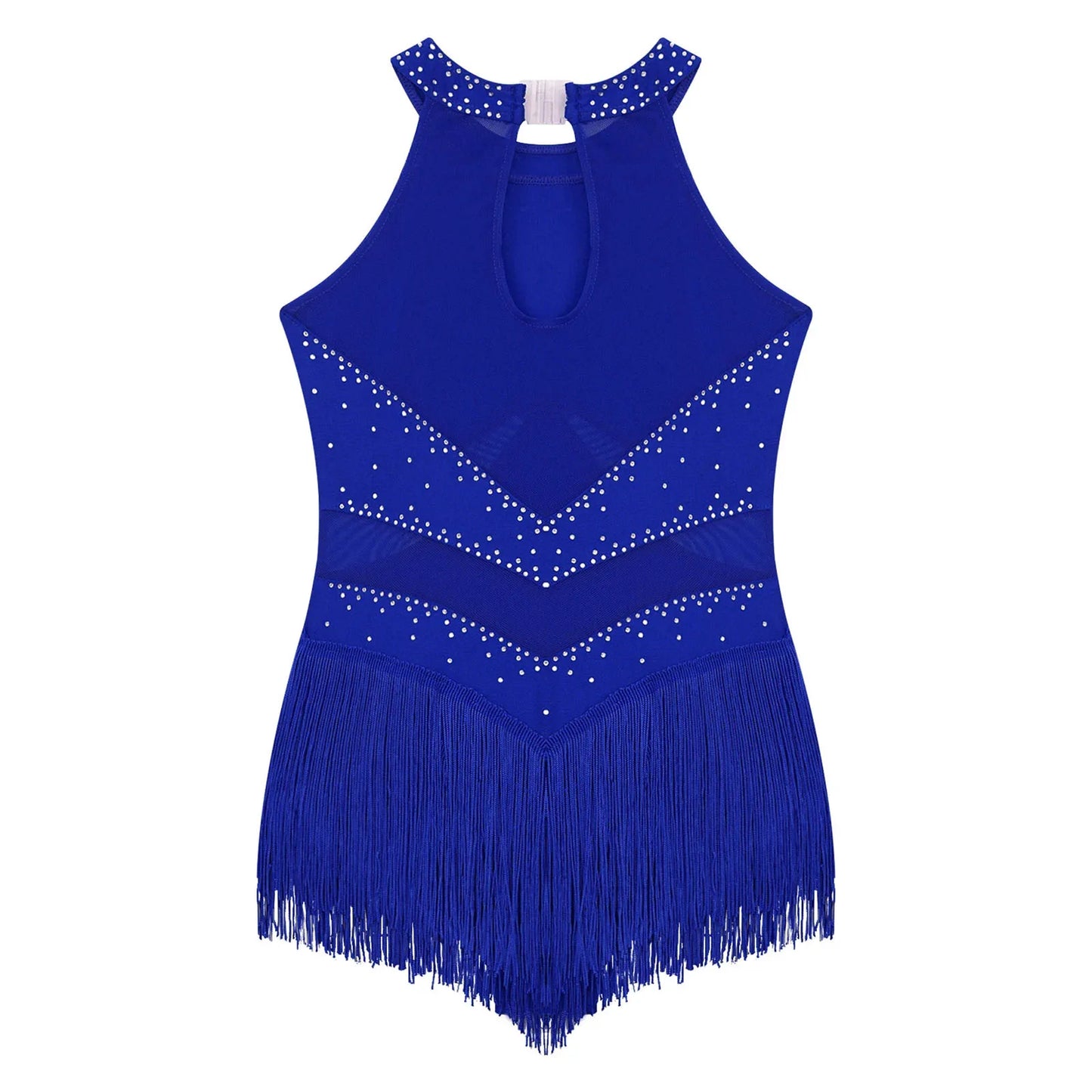 Kids Girls Sleeveless Fringed Bodysuit Moden Latin Jazz Dance Leotard Dress Rhinestones Gymnastics Skating Performance Costumes