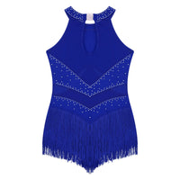Kids Girls Sleeveless Fringed Bodysuit Moden Latin Jazz Dance Leotard Dress Rhinestones Gymnastics Skating Performance Costumes
