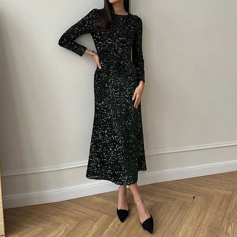 GACVGA Fashion Sequined Party Slim Midi Dress For Women 2025 Autumn Winter Elegant Long Sleeve Sexy Bodycon Evening Dresses