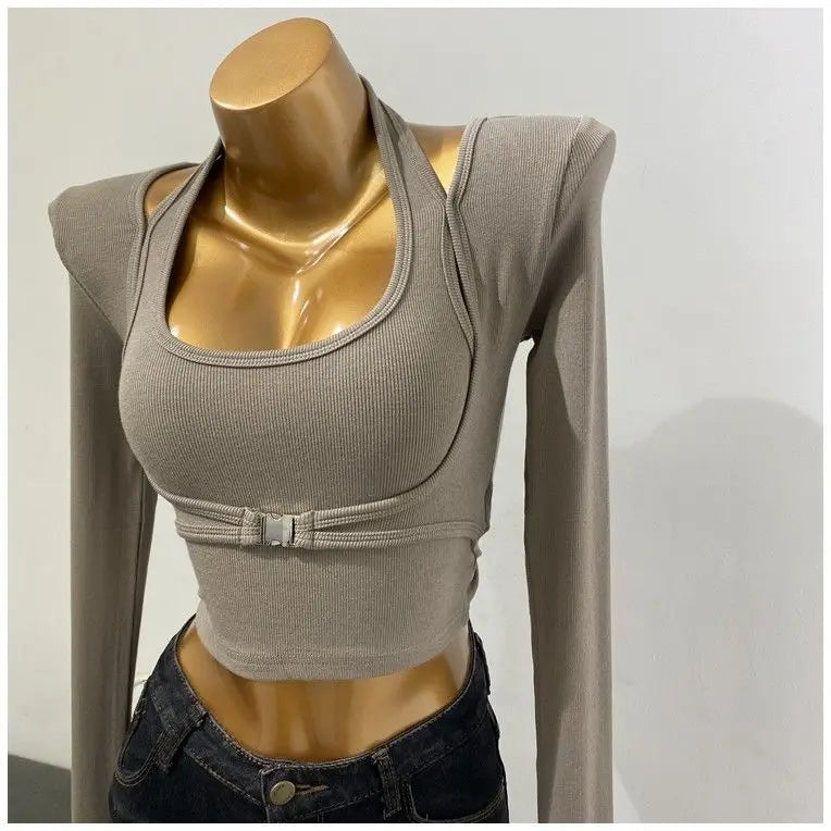 Women's Design Sexy Halter Fake Two Piece Top Metal Button Slim Long Sleeve T-shirt 2023 Spring Summer New  футболки
