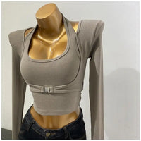 Women's Design Sexy Halter Fake Two Piece Top Metal Button Slim Long Sleeve T-shirt 2023 Spring Summer New  футболки