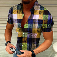 Men's retro plaid short sleeved flip collar printed shirt for street leisure and high-quality vacation designer clothing