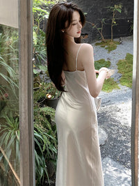 Summer Women New Spaghetti Strap Elegant Party Midi White Satin Dress Female Fashion Sexy Ladies Sleeveless Clothes