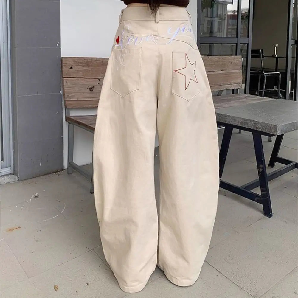 Soft High Waist Denim Jeans Baggy Loose Star Jeans Women Y2k Retro Wide Leg Casual Pants Girls