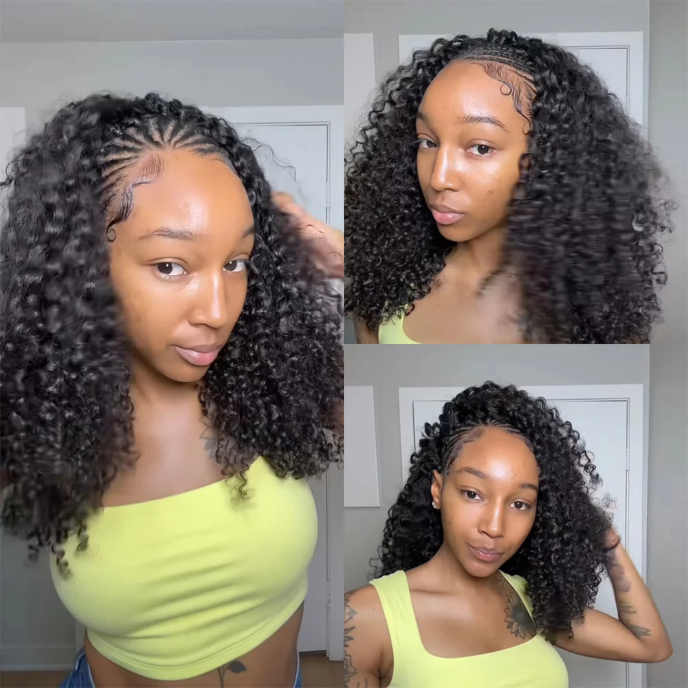 Deep Curly Half Wig Human Hair 200% Density 3 In 1 Half Wigs for Women Drawstring Seamless Flip Headband Wig Beginner Friendly