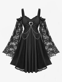 ROSEGAL Plus Size Women’s Gothic Dresses Ruched Heart Buckle Ruffles Cold Shoulder Floral Lace Flare Sleeves Ladies Dress Black