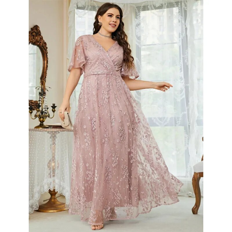 2023 Plus Size V Neck Embroidered Pink Loose Dress 5XL6XLMaxi Loose Elegant Party Party Chiffon Lace Dress