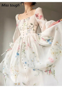 Summer Floral Print Dress Women Sexy French Style Vintage Party Midi Dresses Casual Korean Fashion Elegant Retro Dress 2024 New