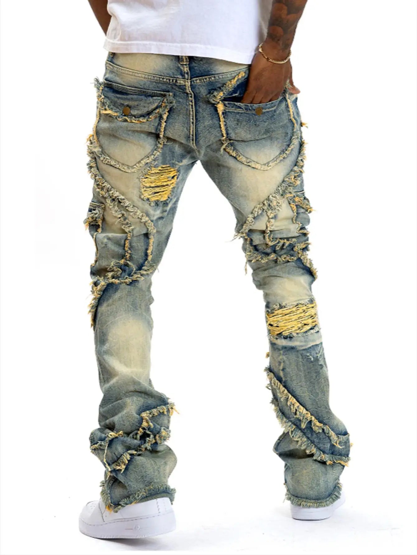 2025 New European and American men's casual jeans, street punk fashion, retro, ripped hole, slightly flared tassel elastic jeans