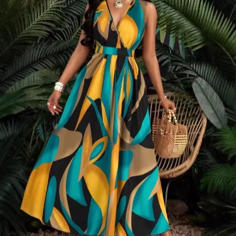 Women's Dress New Summer Sexy Fashion V-neck Top Lace-Up Printed Pleated Waist Sleeveless Slim Fit Boho Maxi Dresses For Women