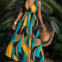 Women's Dress New Summer Sexy Fashion V-neck Top Lace-Up Printed Pleated Waist Sleeveless Slim Fit Boho Maxi Dresses For Women