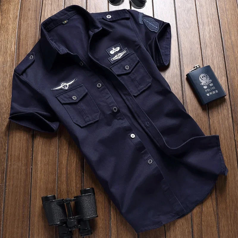 2023 New Mens Military Shirt Men Short Sleeve Cargo Shirts 100% Cotton Casual Solid Shirt Male Pocket Work Shirt