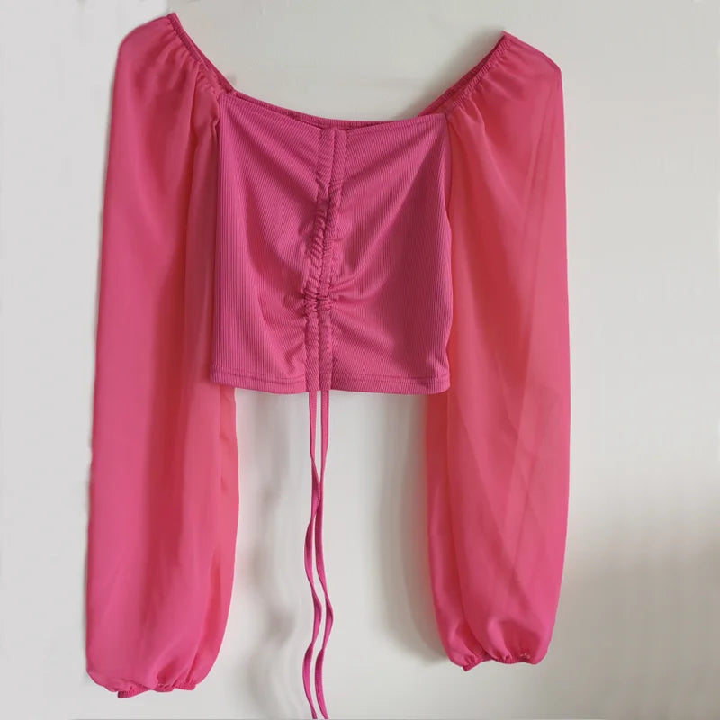 Horetong Women's Sexy V-neck Off-Shoulder Blouses Summer Drawstring Bandage Long Sleeve Tops Ladies Korean Fashion Short Clothes
