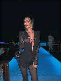 Blifanbo Sexy Deep V Mesh Long Sleeve Jumpsuit  Women Autumn Double Layer Patchwork Ruched Bodycon Jumpsuit Rompers New 2025