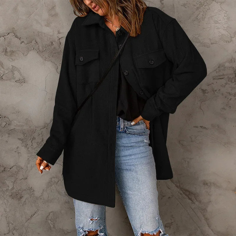 Winter Women Woolen Coat Top Elegant New 2024 Fashion Long Sleeve Turn Down Collar Single Breated Pocket Loose Jacket Outwear