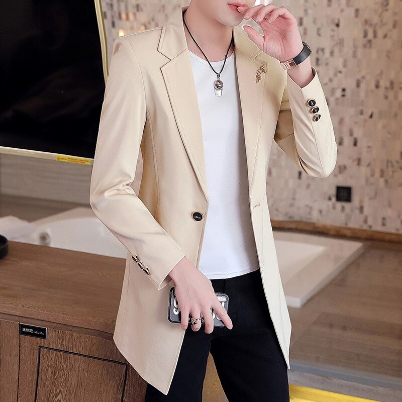 New Men's Business Casual Fashion Urban Korean Trend Slim Solid Color Small Suit Jacket Spring blazers long dress coat