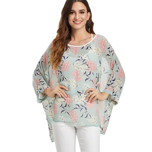 BHflutter White Blouse Shirt Women Fashion Batwing Casual Summer Tops Tees Ladies Print Chiffon Blouses Streetwear Plus Size