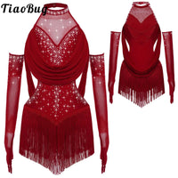 Girls Latin Jazz Rumba Samba Dance Costume Salsa Set Ruched Mesh Drapes Cutout Leotard with Tassel Skirts and 1 Pair Mesh Gloves