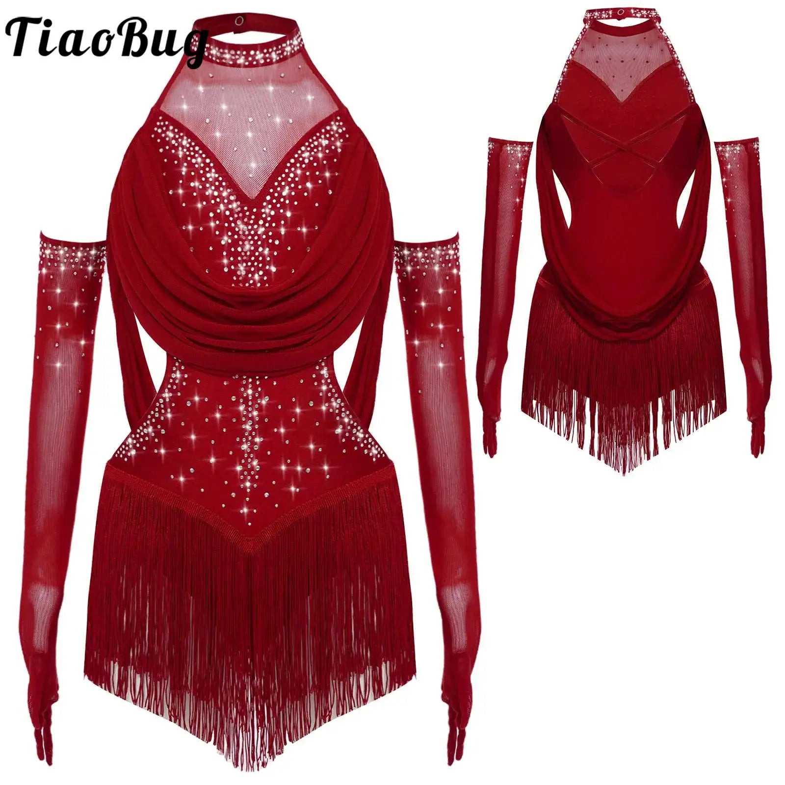 Girls Latin Jazz Rumba Samba Dance Costume Salsa Set Ruched Mesh Drapes Cutout Leotard with Tassel Skirts and 1 Pair Mesh Gloves
