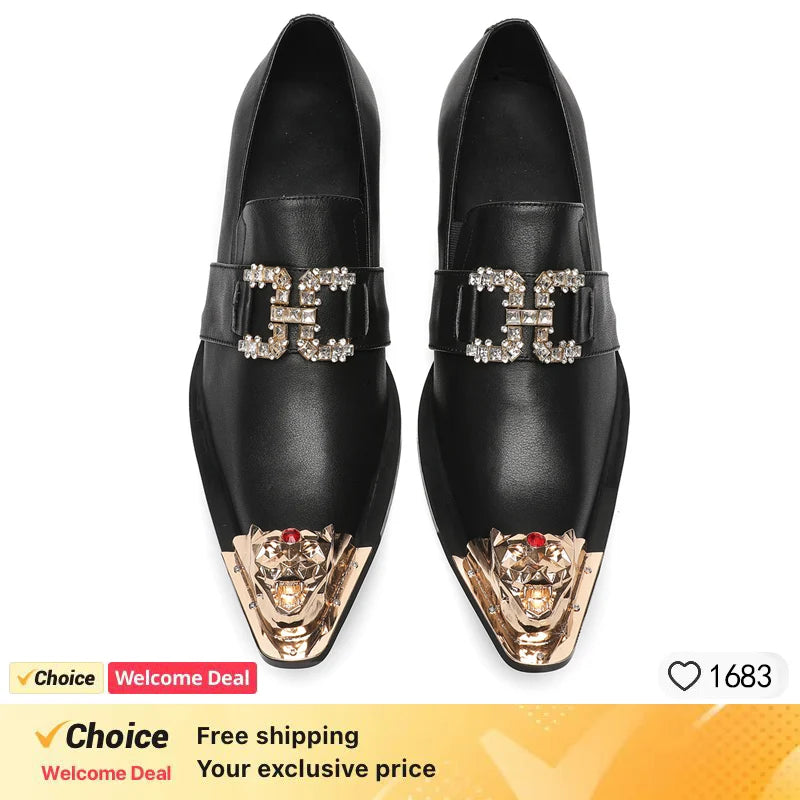 Men's Genuine Leather Fashion Graffiti Designer Flats Metal Pointed Toe Party Dressing Shoes plus Size