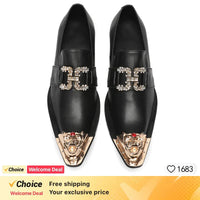 Men's Genuine Leather Fashion Graffiti Designer Flats Metal Pointed Toe Party Dressing Shoes plus Size